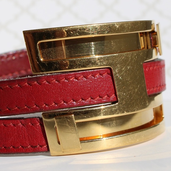 Hermès Gold Plated Pousse Pousse H slide bracelet red leather Authentic - Picture 6 of 16